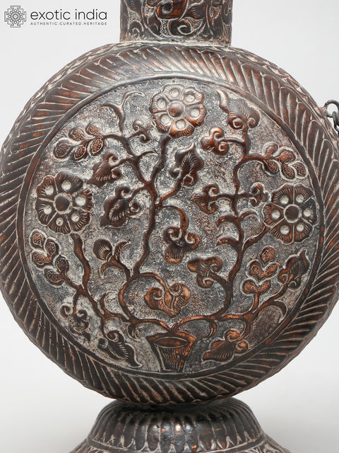 17" Ornate Brass Vessel - Handcrafted Floral Design with Bird Accent