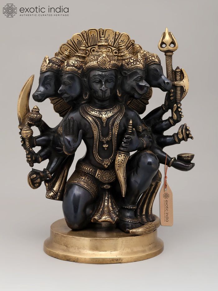 11" Brass Panchamukhi Hanuman Statue with Black and Gold Finish