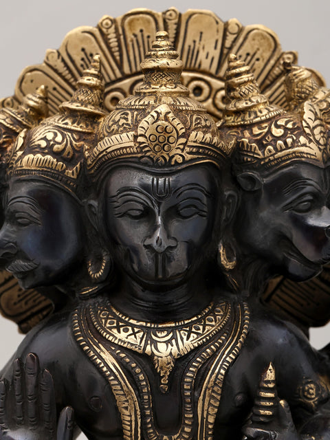 11" Black and Gold Finish Sitting Ten Armed Panchamukhi Lord Hanuman | Brass Statue