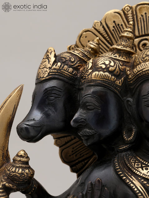 11" Black and Gold Finish Sitting Ten Armed Panchamukhi Lord Hanuman | Brass Statue
