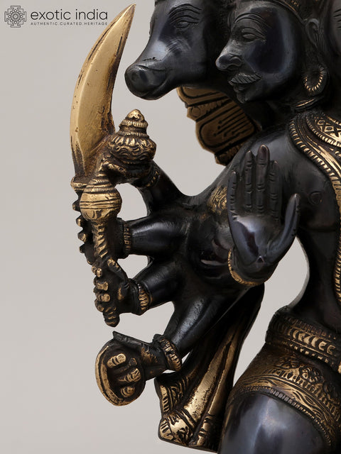 11" Black and Gold Finish Sitting Ten Armed Panchamukhi Lord Hanuman | Brass Statue