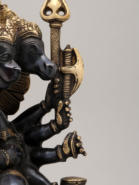 11" Black and Gold Finish Sitting Ten Armed Panchamukhi Lord Hanuman | Brass Statue