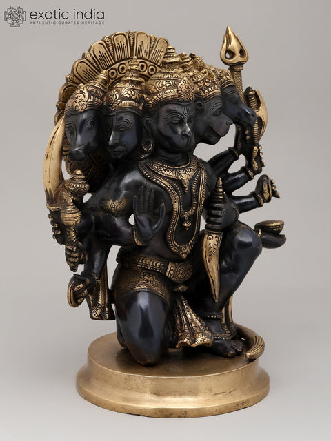 11" Black and Gold Finish Sitting Ten Armed Panchamukhi Lord Hanuman | Brass Statue