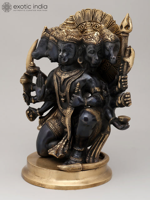 11" Black and Gold Finish Sitting Ten Armed Panchamukhi Lord Hanuman | Brass Statue
