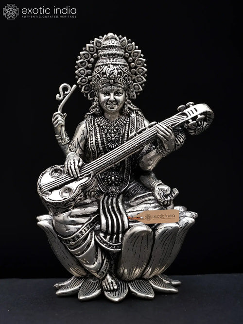 Small Superfine Silver Plated Devi Saraswati Veena Brass Statue