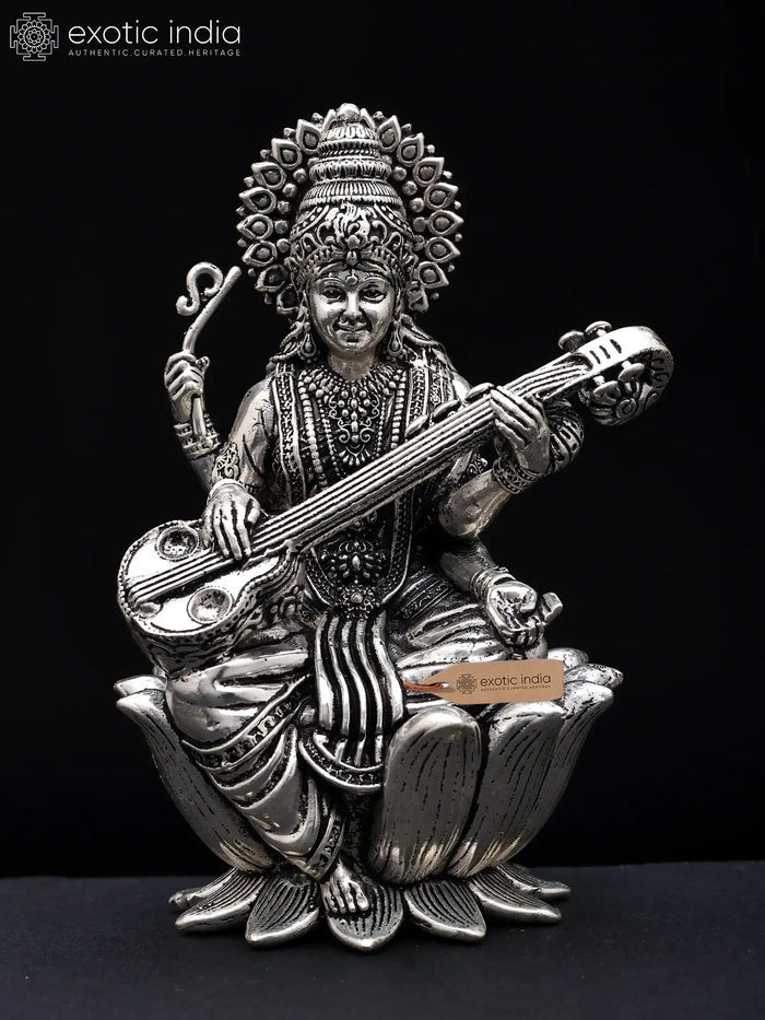 Small Superfine Silver Plated Devi Saraswati Veena Brass Statue