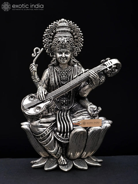 Small Superfine Devi Saraswati Playing Veena | Silver Plated Brass Statue