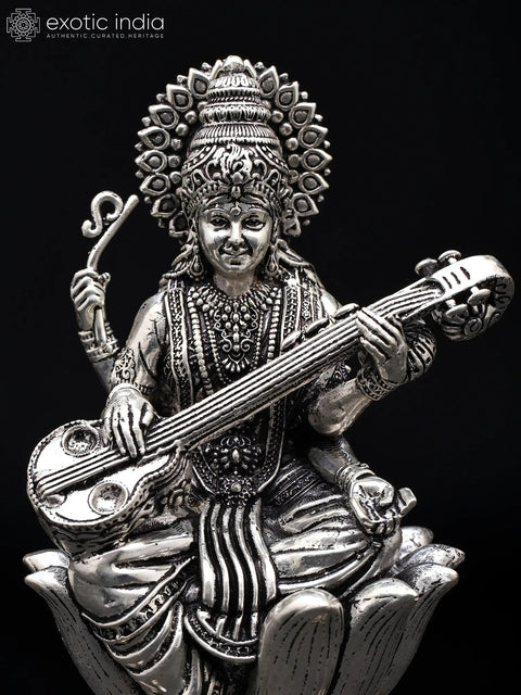 Small Superfine Devi Saraswati Playing Veena | Silver Plated Brass Statue
