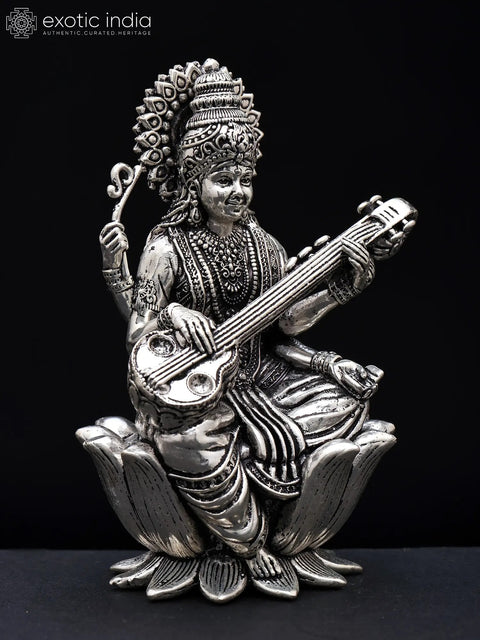 Small Superfine Devi Saraswati Playing Veena | Silver Plated Brass Statue