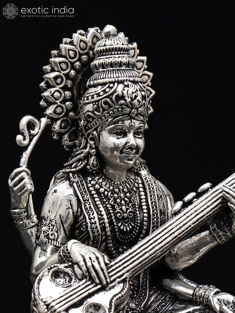 Small Superfine Devi Saraswati Playing Veena | Silver Plated Brass Statue