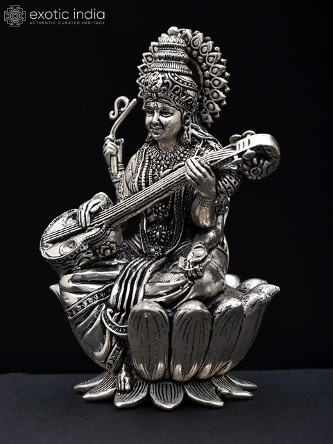 Small Superfine Devi Saraswati Playing Veena | Silver Plated Brass Statue