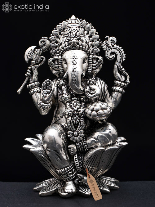 4" Silver Plated Brass Ganesha Statue Four Armed Blessing Idol