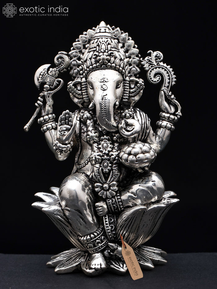 4" Silver Plated Brass Ganesha Statue Four Armed Blessing Idol