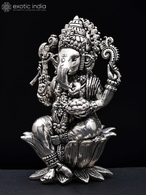 4" Small Superfine Four Armed Blessing Lord Ganesha | Silver Plated Brass Statue