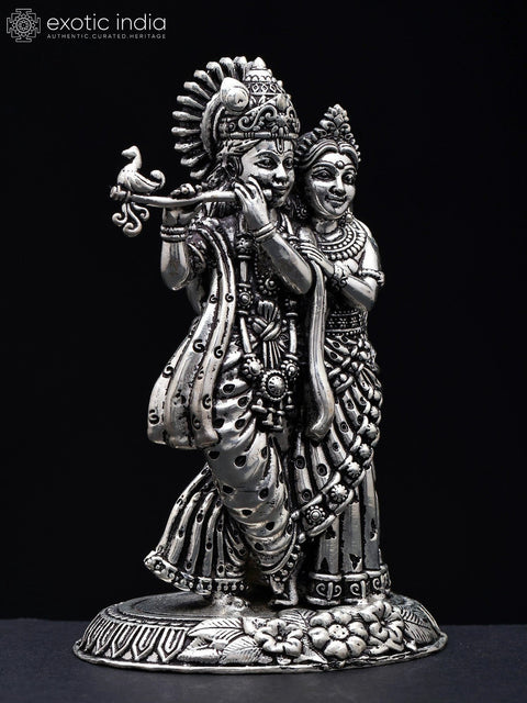 4" Small Superfine Standing Radha Krishna | Silver Plated Brass Statue