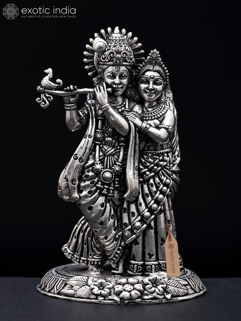 4" Small Superfine Standing Radha Krishna | Silver Plated Brass Statue