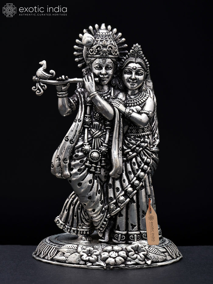 4" Silver Plated Brass Radha Krishna Standing Statue Handmade