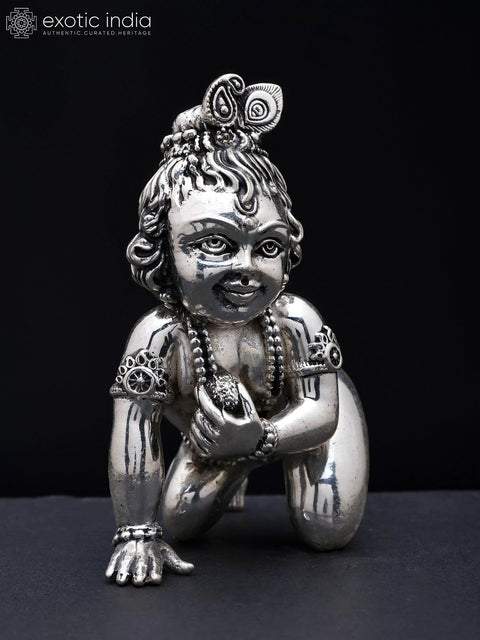 4" Small Superfine Laddu Gopal (Baby Krishna) | Silver Plated Brass Idol