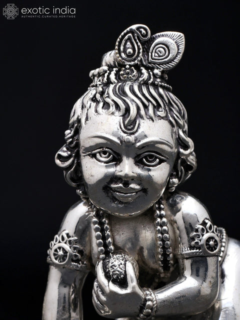 4" Small Superfine Laddu Gopal (Baby Krishna) | Silver Plated Brass Idol