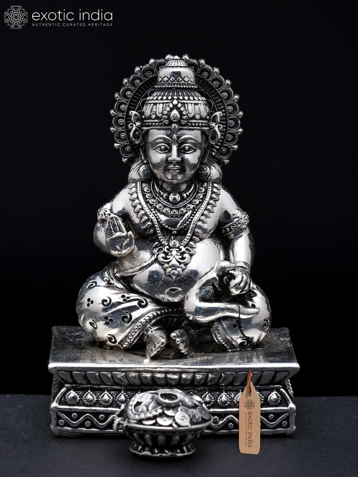 3" Small Blessing Lord Kubera Hindu God of Wealth Silver Plated Brass Statue