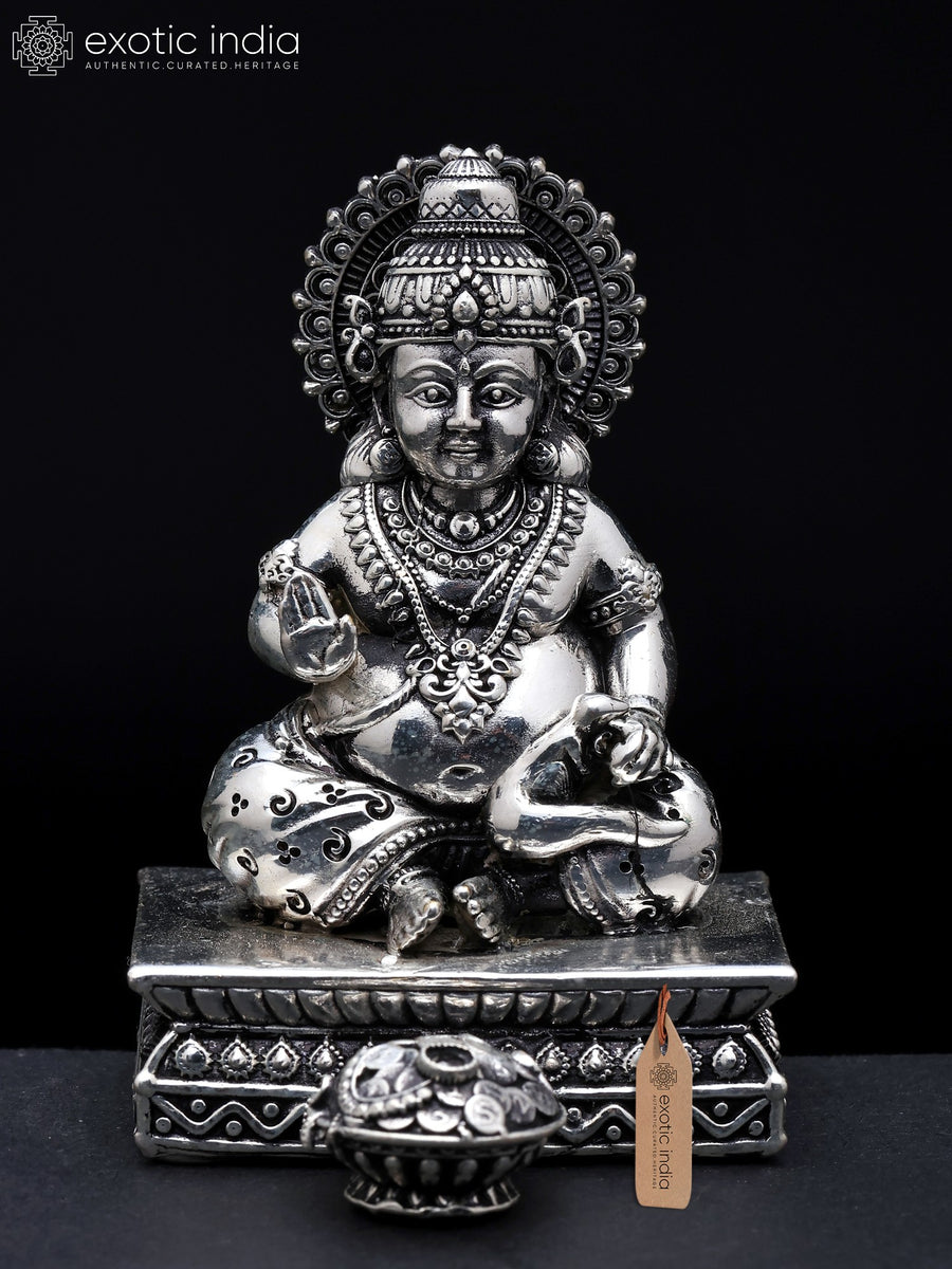 3" Small Blessing Lord Kubera Hindu God of Wealth Silver Plated Brass Statue
