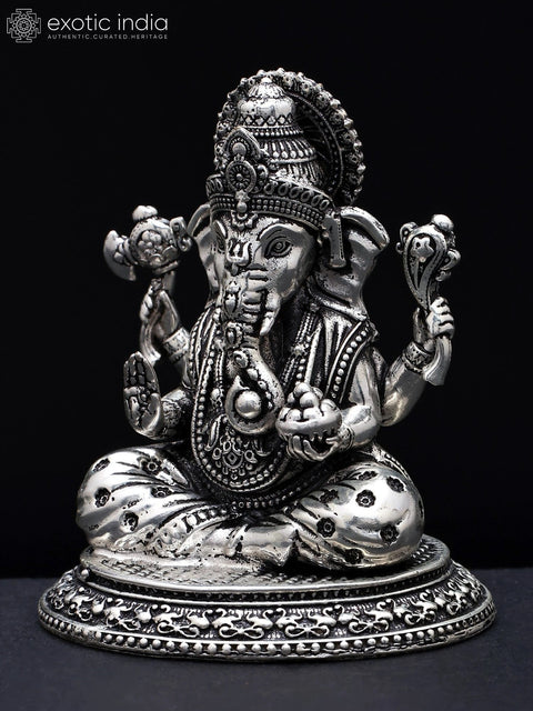 2" Small Superfine Chaturbhuja Lord Ganesha | Silver Plated Brass Idol