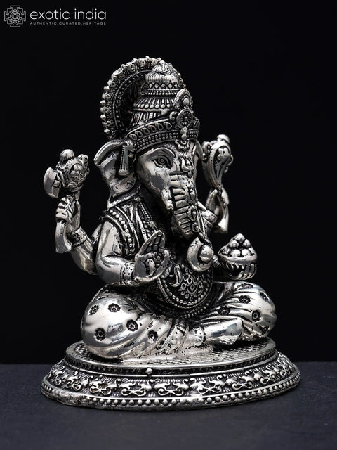 2" Small Superfine Chaturbhuja Lord Ganesha | Silver Plated Brass Idol
