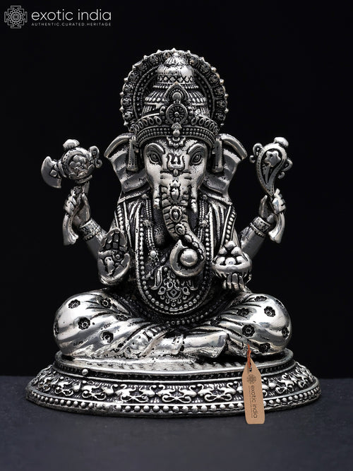 2" Superfine Chaturbhuja Ganesha Silver Plated Brass Idol for Pooja