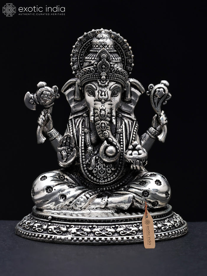 2" Superfine Chaturbhuja Ganesha Silver Plated Brass Idol for Pooja