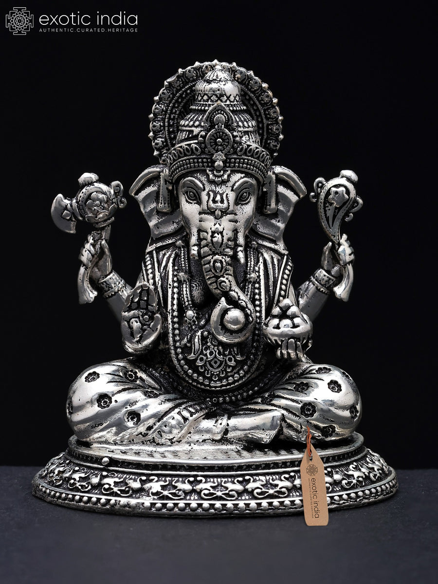 2" Superfine Chaturbhuja Ganesha Silver Plated Brass Idol for Pooja