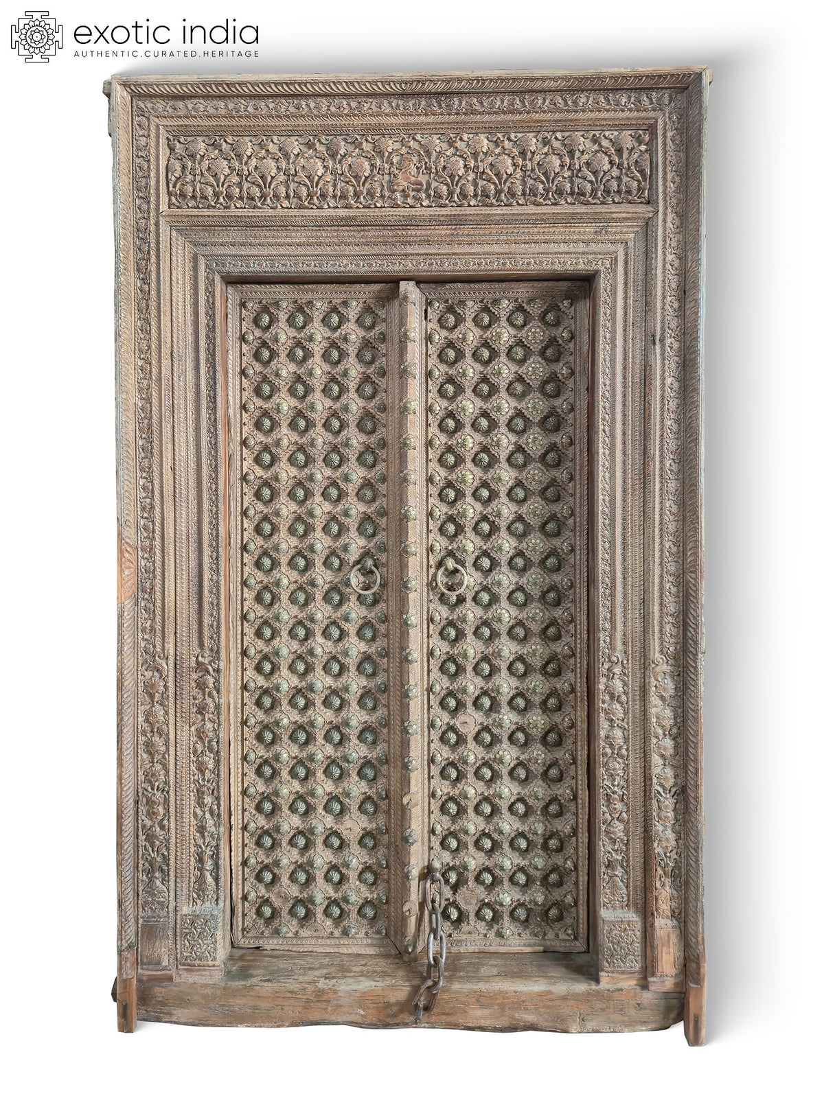 100" Large Vintage Hand Carved Solid Sal Wood Door With Frame