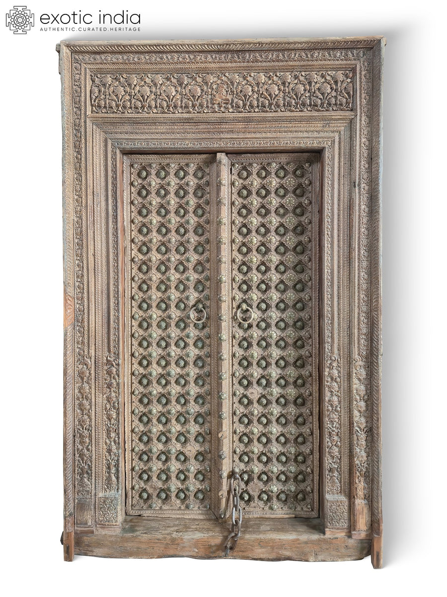 100" Large Vintage Hand Carved Sal Wood Door With Frame