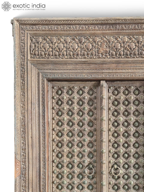 100" Large Vintage Hand Carved Solid Sal Wood Door With Frame