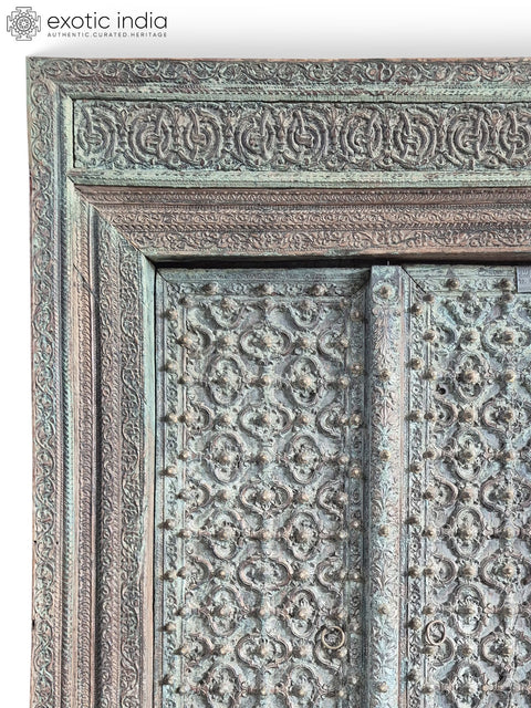 98" Large Indian Traditional Hand carved Old Solid Sal Wood Double Door With Frame
