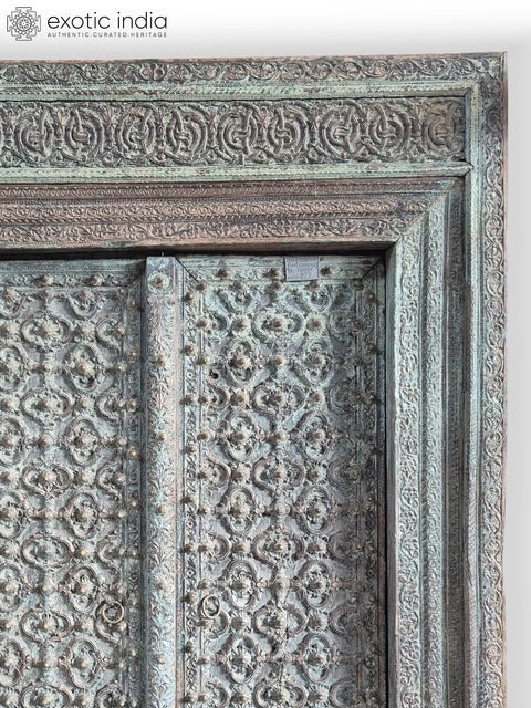 98" Large Indian Traditional Hand carved Old Solid Sal Wood Double Door With Frame