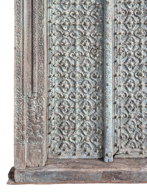 98" Large Indian Traditional Hand carved Old Solid Sal Wood Double Door With Frame