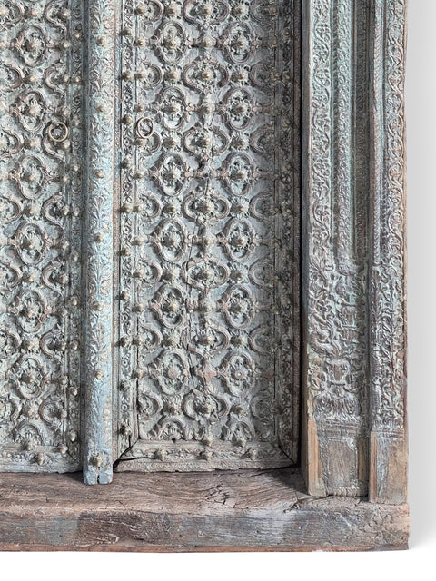 98" Large Indian Traditional Hand carved Old Solid Sal Wood Double Door With Frame