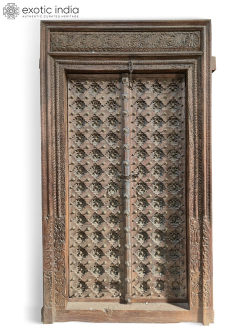 96" Large Hand Carved Wooden Door with Floral Geometric Frame