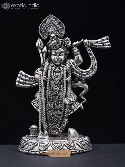 4" Small Shrinathji - Form of Lord Krishna | Silver Plated Brass Statue