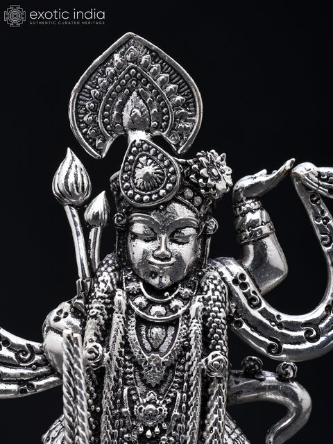 4" Small Shrinathji - Form of Lord Krishna | Silver Plated Brass Statue