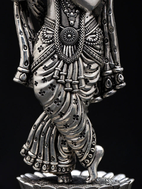 6" Small Superfine Standing Lord Krishna Playing Flute | Silver Plated Brass Statue
