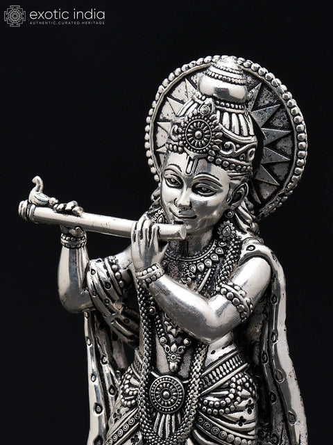 6" Small Superfine Standing Lord Krishna Playing Flute | Silver Plated Brass Statue