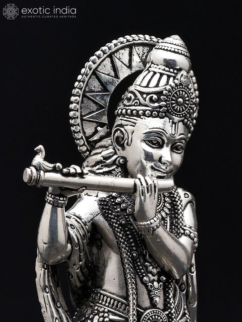 6" Small Superfine Standing Lord Krishna Playing Flute | Silver Plated Brass Statue