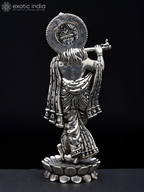 6" Small Superfine Standing Lord Krishna Playing Flute | Silver Plated Brass Statue