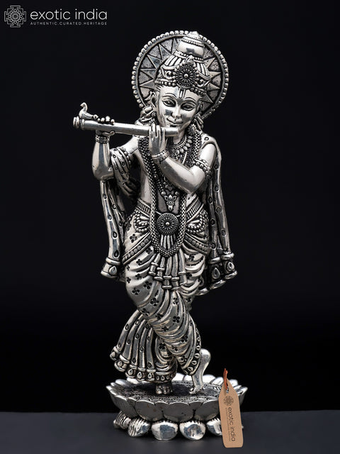6" Small Superfine Standing Lord Krishna Playing Flute | Silver Plated Brass Statue