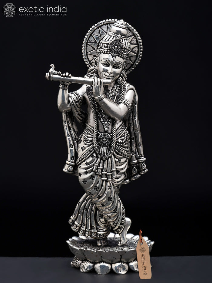 6" Silver Plated Brass Lord Krishna Playing Flute Statue Handmade