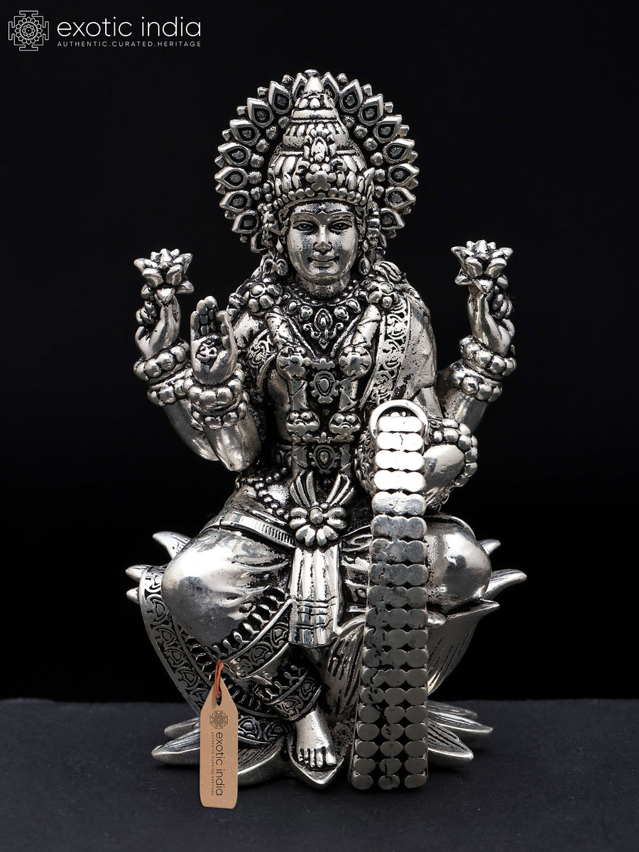 4" Four Armed Goddess Lakshmi Silver Plated Brass Statue for Pooja