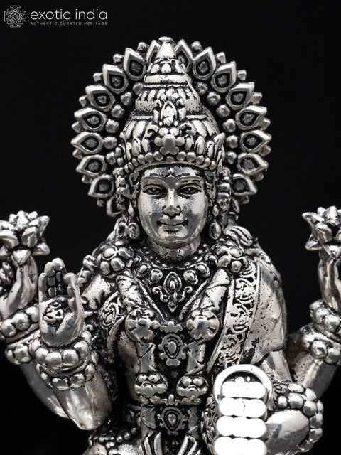 4" Small Four Armed Goddess Lakshmi Showering Wealth | Silver Plated Brass Statue