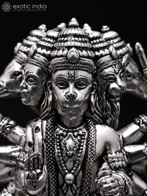 3" Small Ten Armed Panchamukhi Lord Hanuman | Silver Plated Brass Statue