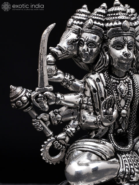 3" Small Ten Armed Panchamukhi Lord Hanuman | Silver Plated Brass Statue